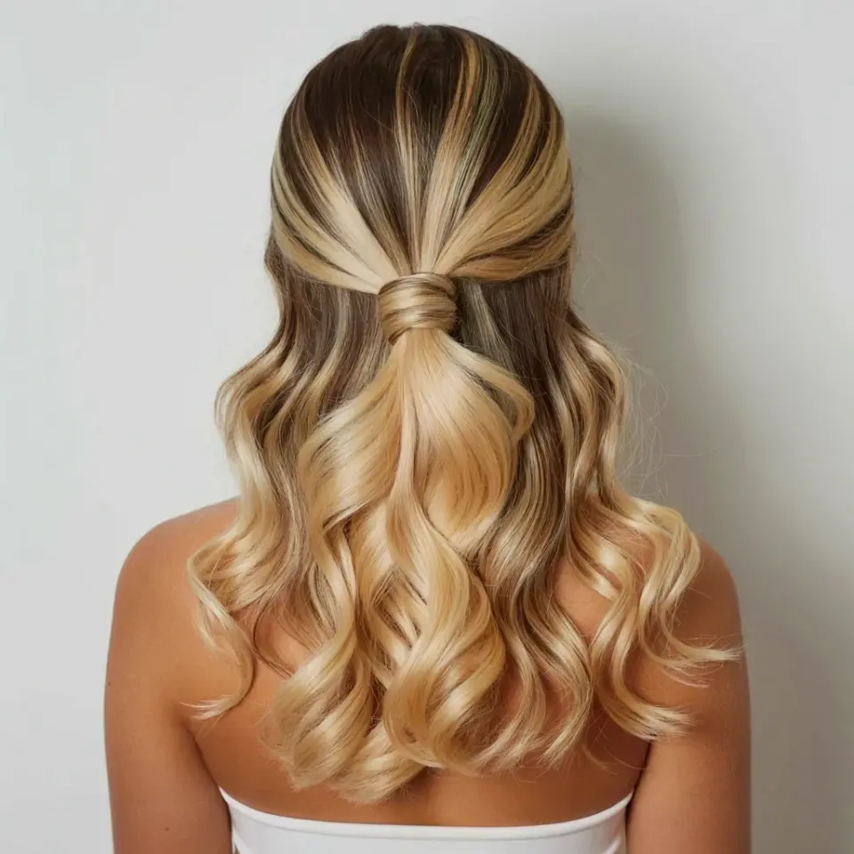 Half Up Half Down Blonde Wavy Hair with a Twisted Crown – Soft Glam Hair Inspo