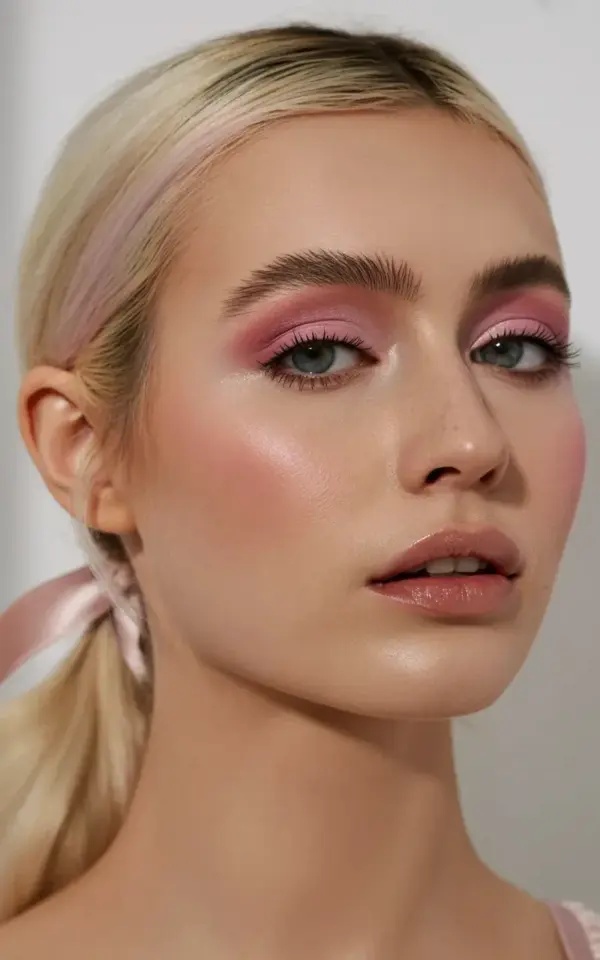 Platinum blonde ponytail with pink ribbon bow – soft romantic makeup look for fair skin
