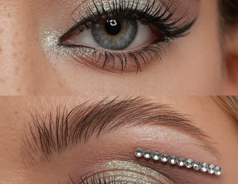 Bold Champagne Glitter Eyeshadow Look | Rhinestone Accent for Glam Party Makeup